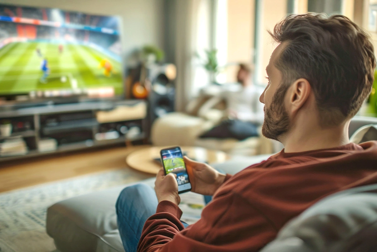 Metodi di pagamento per scommesse: Ragazzo che guarda evento sportivo mentre scommette dal suo smartphone seduto sul divano