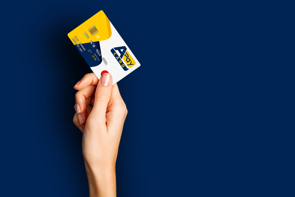 Carta prepagata con Iban: Mano che mostra APay Card su sfondo Blu