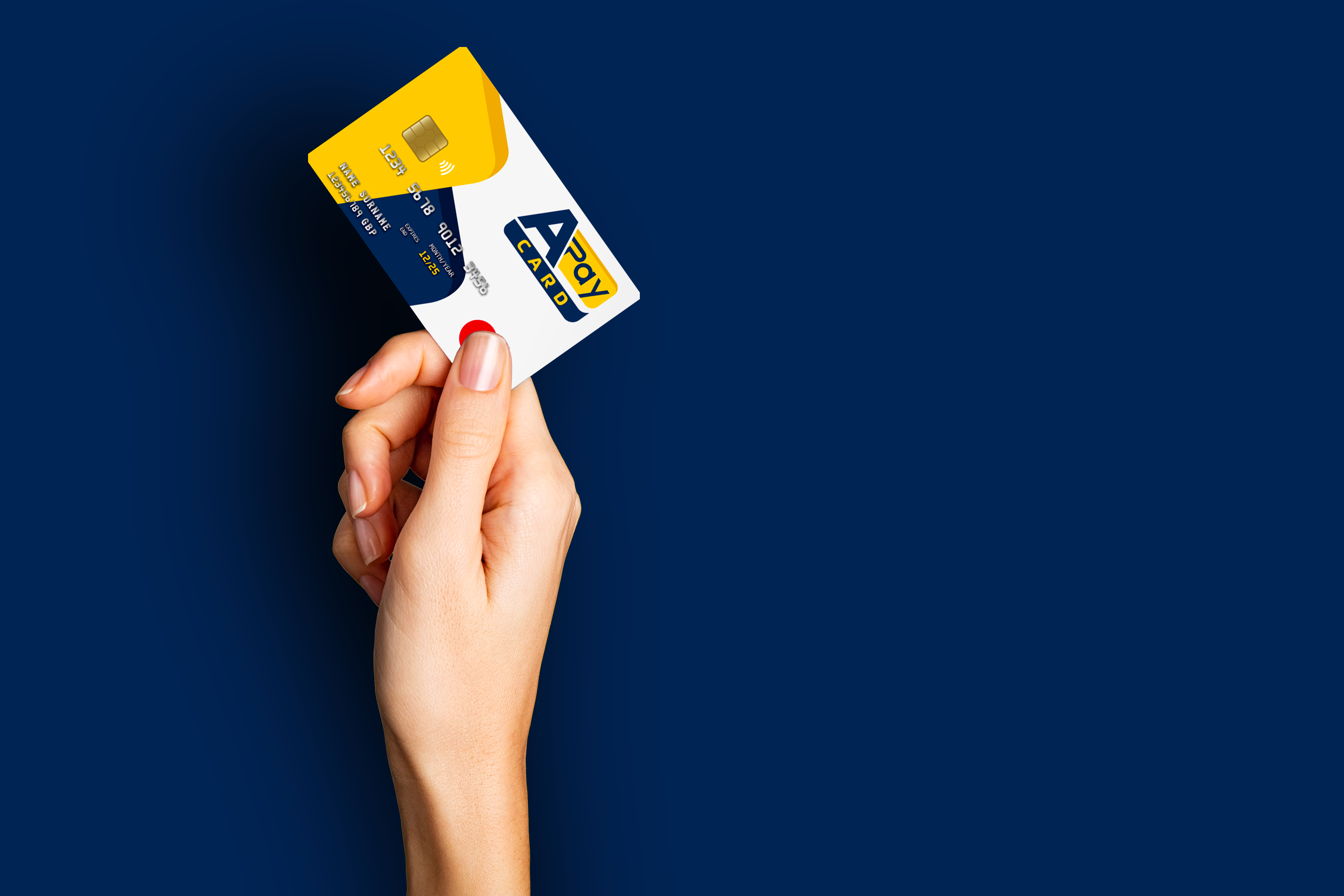 Carta prepagata con Iban: Mano che mostra APay Card su sfondo Blu