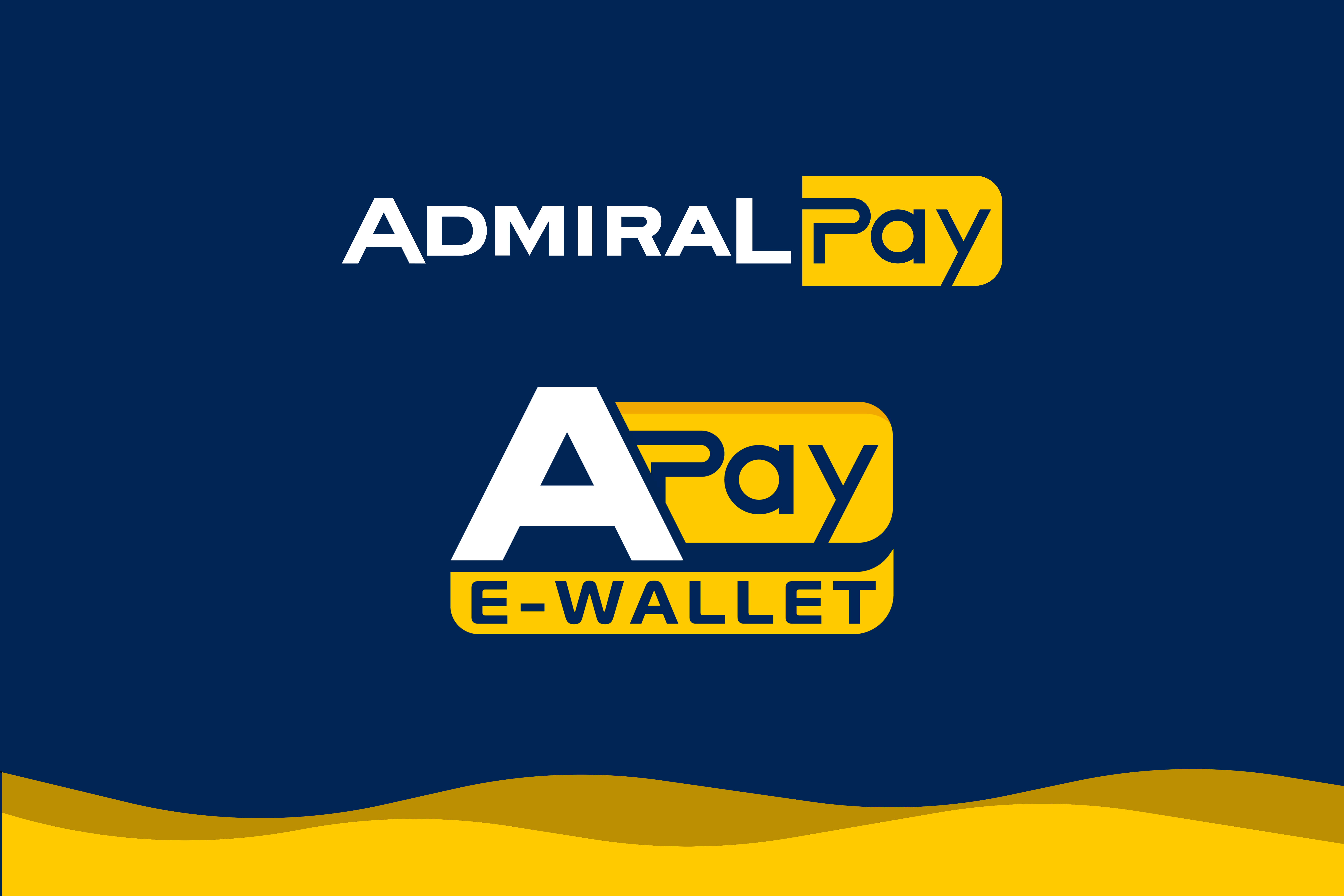 Admiral Pay: Logo di Admiral Pay sopra lodo APay Wallet su Sfondo blu scuro