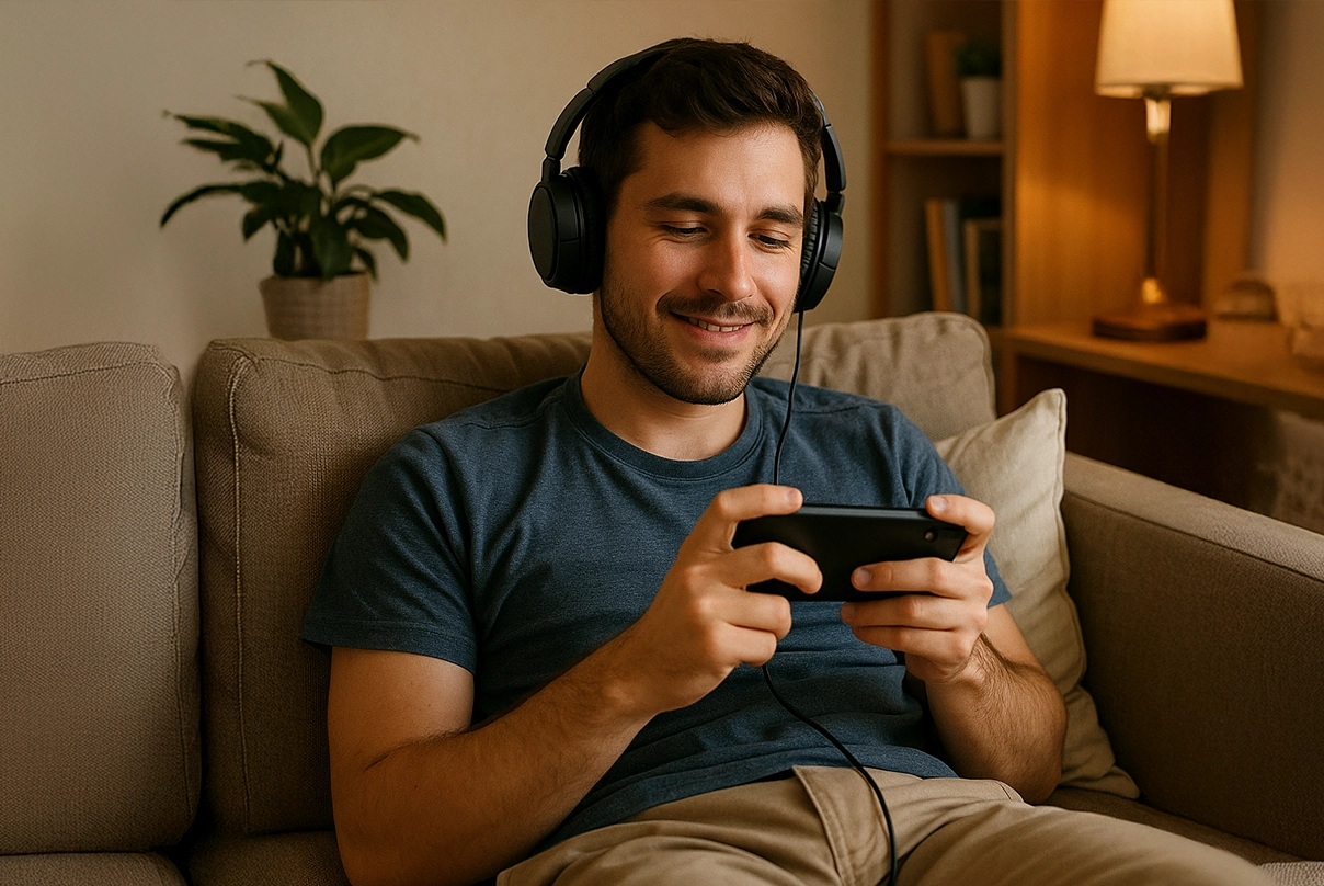 conto gioco online con IBAN: Ragazzo con Cuffie seduto sul divano mentre gioca con Smartphone