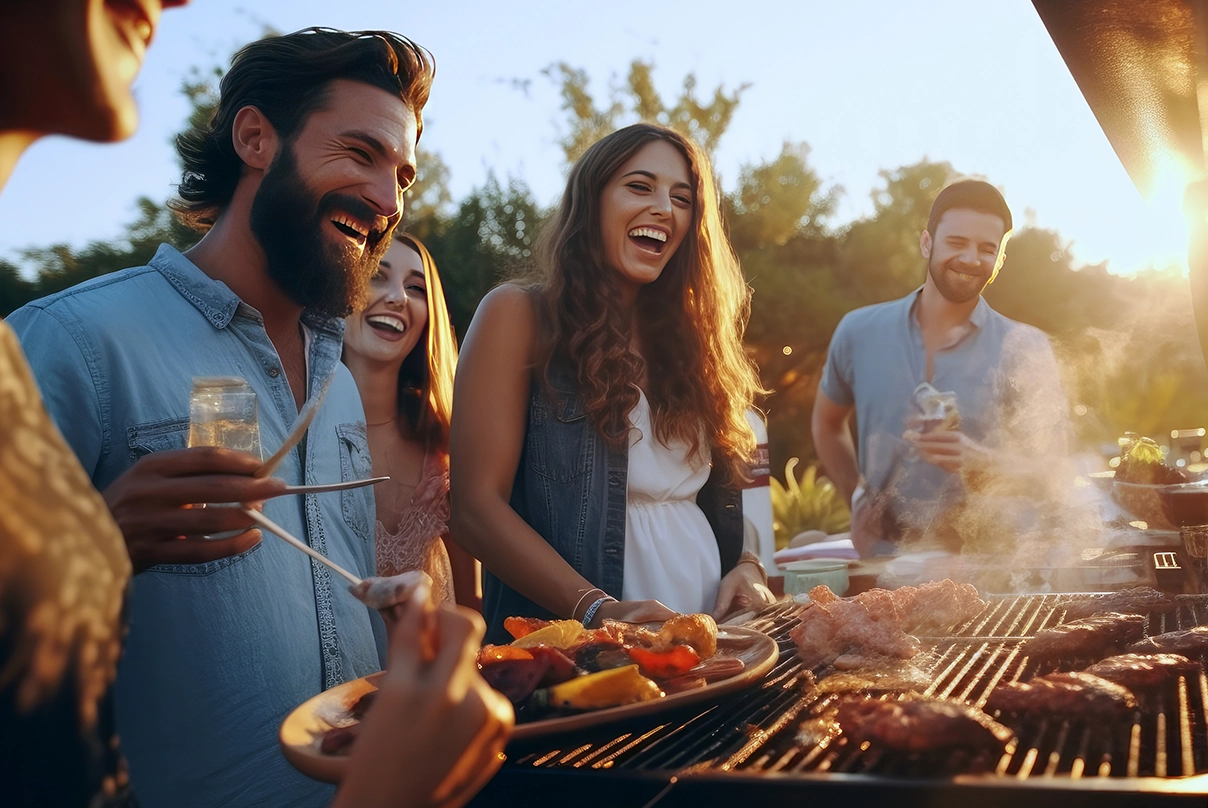 Pagamenti P2P: Ragazzi sorridono davanti al Barbecue e condividono il pranzo