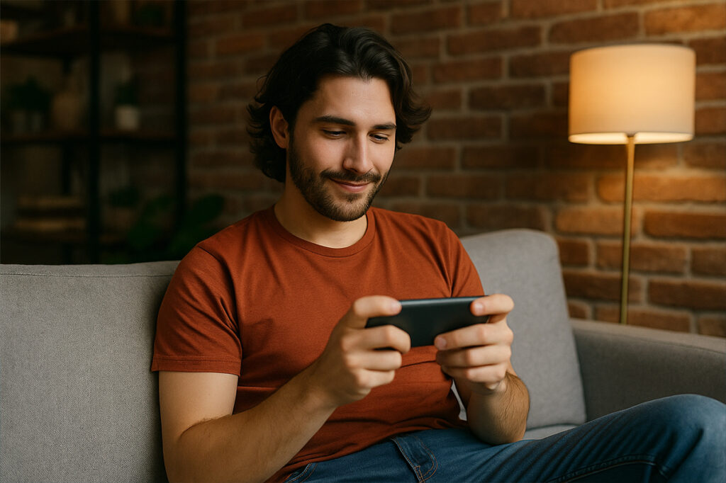 Conto gioco Online: Ragazzo seduto sul divano guarda smartphone mentre gioca online