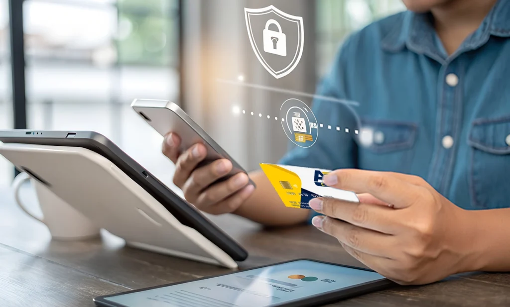 Sicurezza Pagamenti Online: uomo con smartphone effettua pagamento online