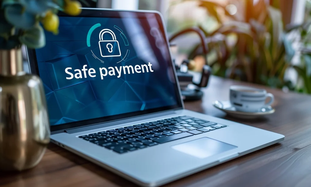 Pagamenti sicuri online: Notebook su scrivania con logo Pagamento Sicuro