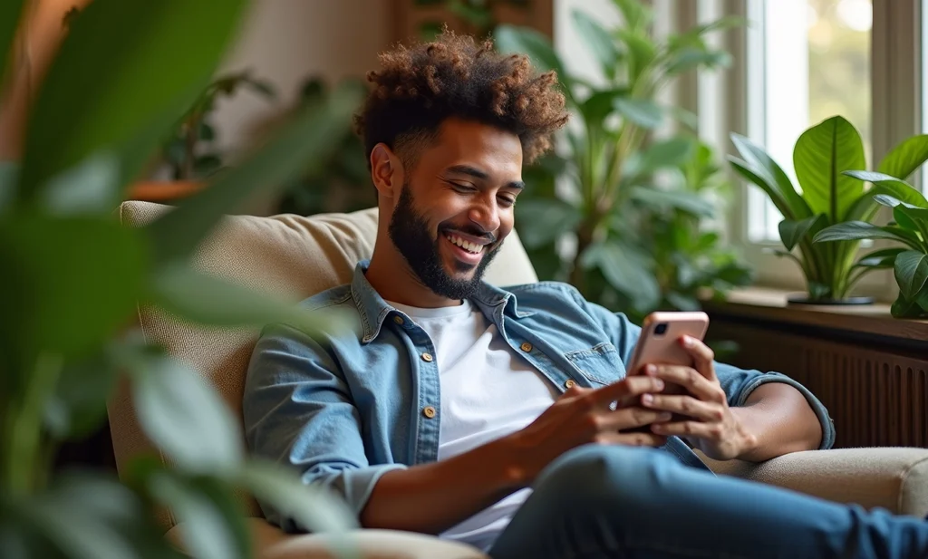 ricariche telefoniche: ragazzo sul divano che sorride mentre guarda smartphone