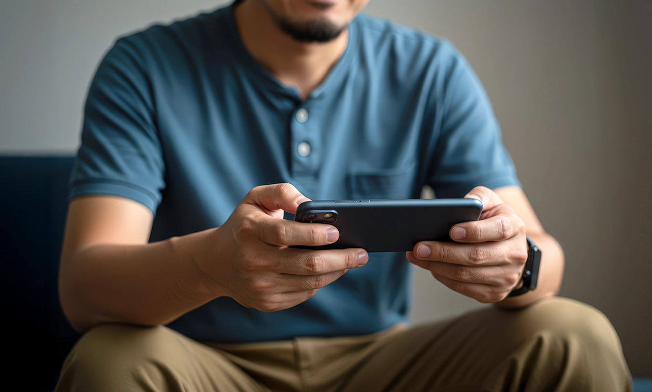 Ragazzo seduto, guarda smartphone e gioca con giochi di casinò online