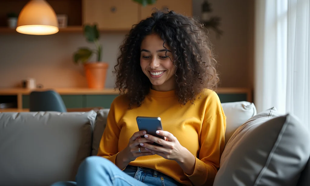 Ricariche Pay Tv: Ragazza riccia sul divano mentre sorride e utilizza APay E-Wallet