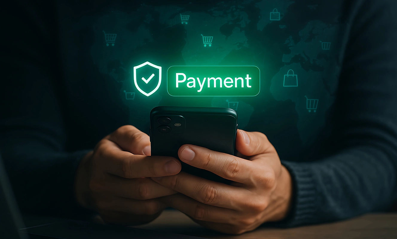 Mani in primo piano che impugnano uno smartphone con messaggio Verification of Payee