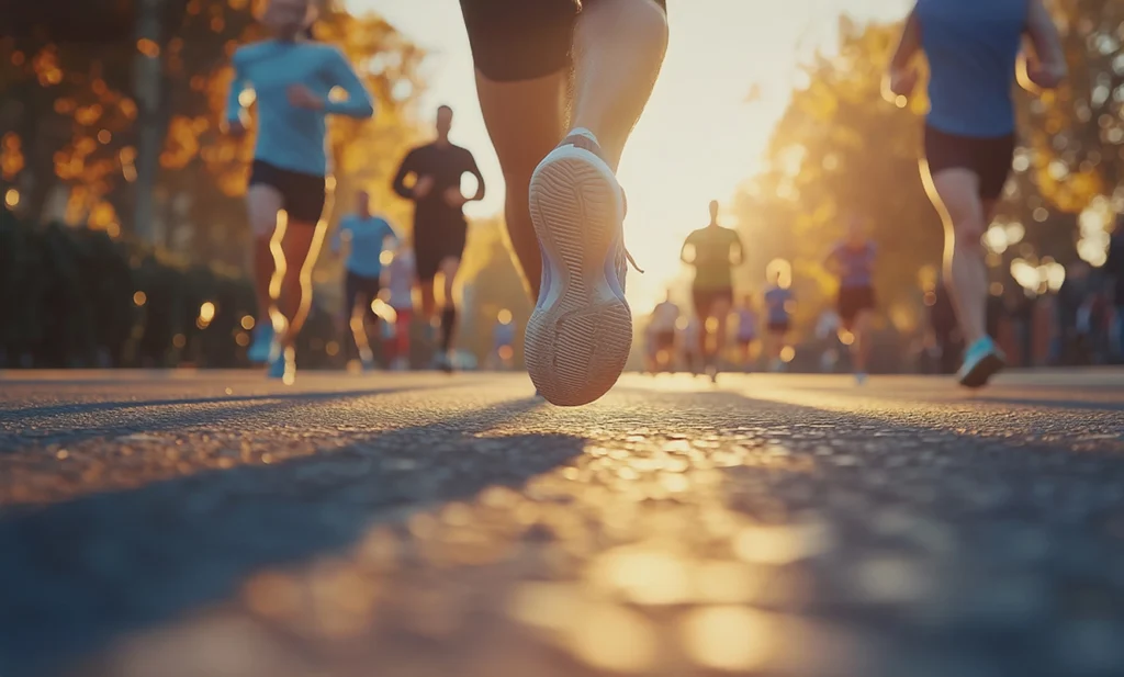 Corridori durante una maratona al tramonto con ADMIRAL Pay come sponsor sportivo ufficiale dell’evento.