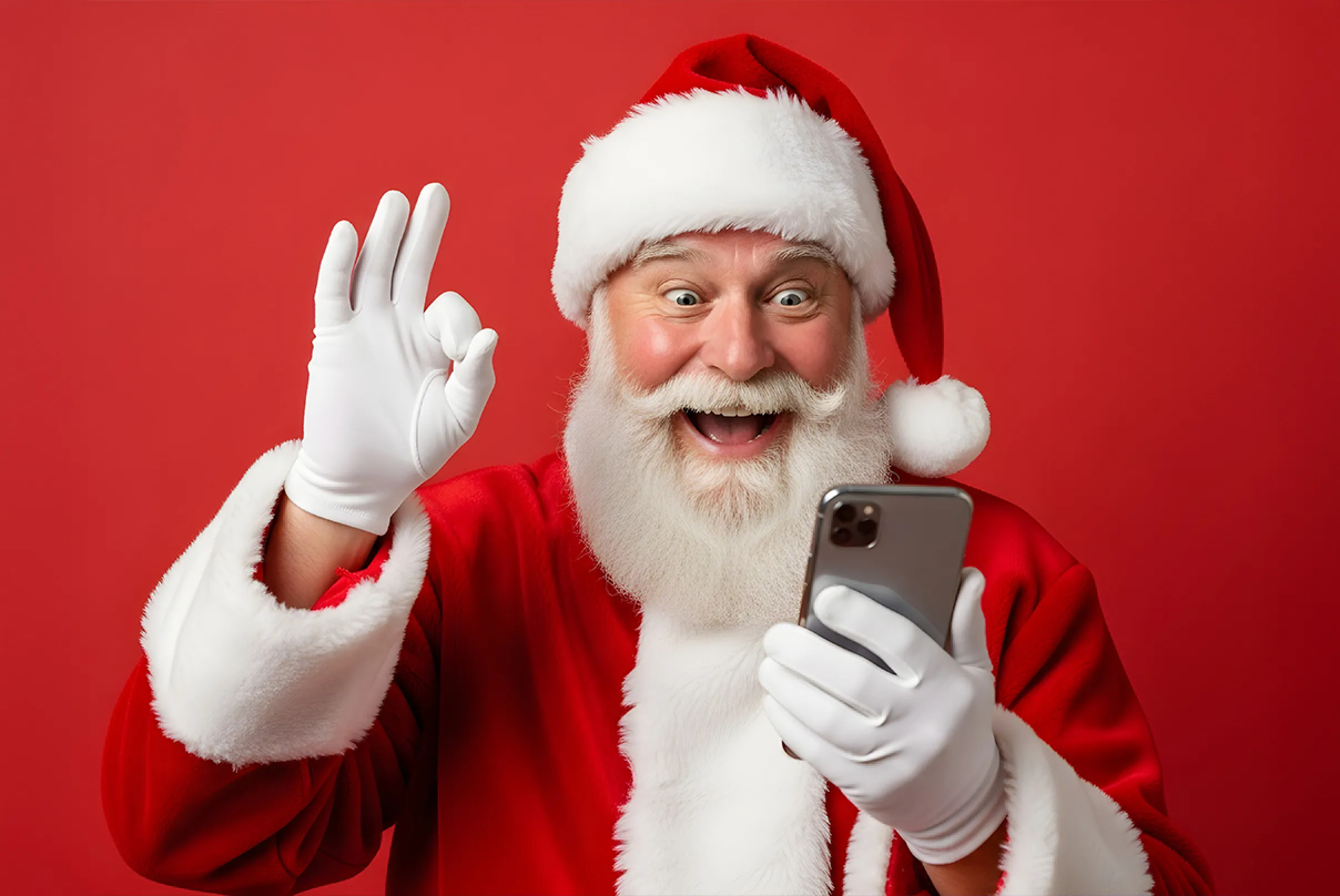 Babbo Natale che controlla lo smartphone e fa il gesto OK, simbolo della sicurezza dei pagamenti per lo shopping natalizio con APay E-Wallet.