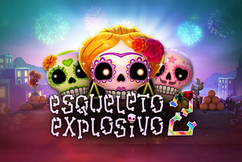 Grafica della slot Esqueleto Explosivo 2 con teschi colorati in stile Día de los Muertos, immagine rappresentativa del gioco e delle sue animazioni esplosive.