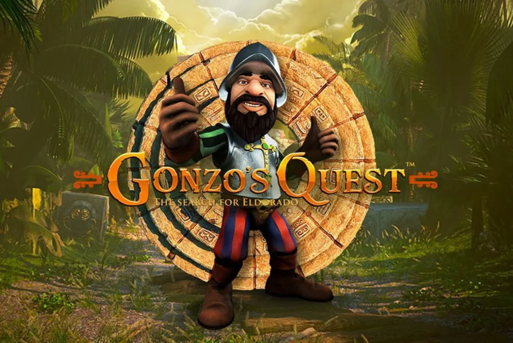 Grafica della slot Gonzo’s Quest con l’esploratore davanti all’ambientazione di El Dorado, immagine utile per spiegare Gonzo’s Quest come funziona e le sue meccaniche di gioco.