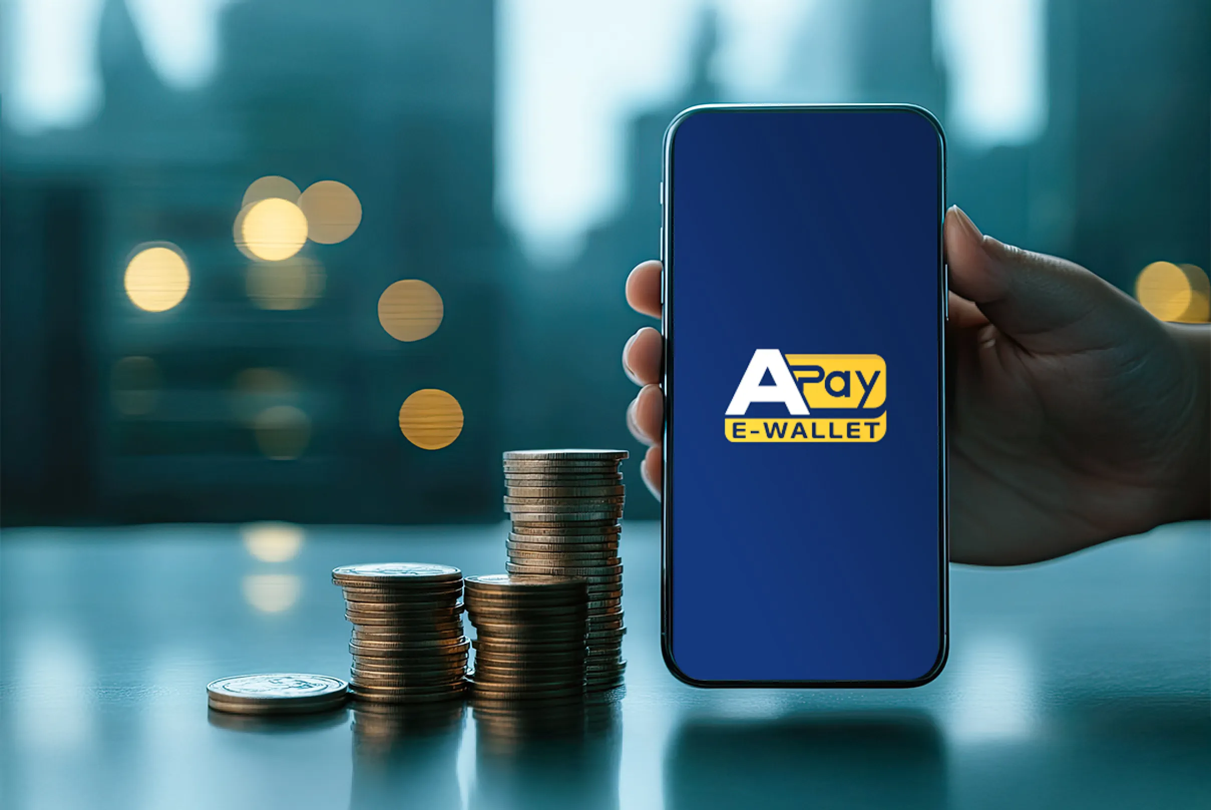 Smartphone con app APay E-Wallet accanto a monete impilate, simbolo di come tagliare i costi ricorrenti e gestire meglio le spese mensili.