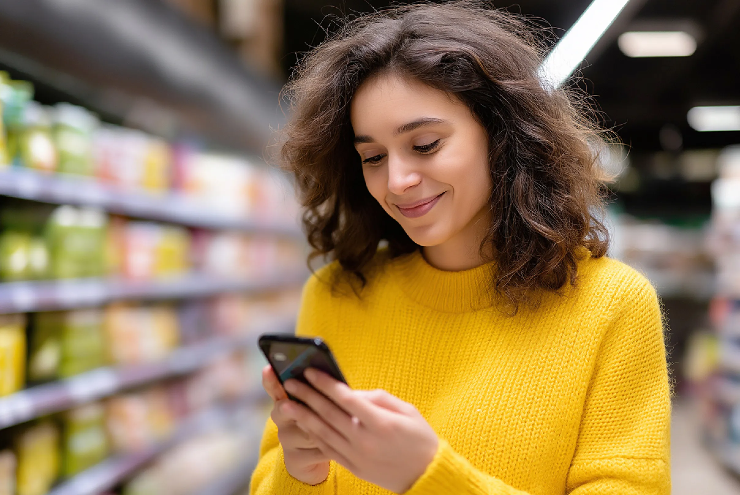 Donna che utilizza uno smartphone al supermercato, esempio di App per gestire le spese e monitorare gli acquisti in modo consapevole.