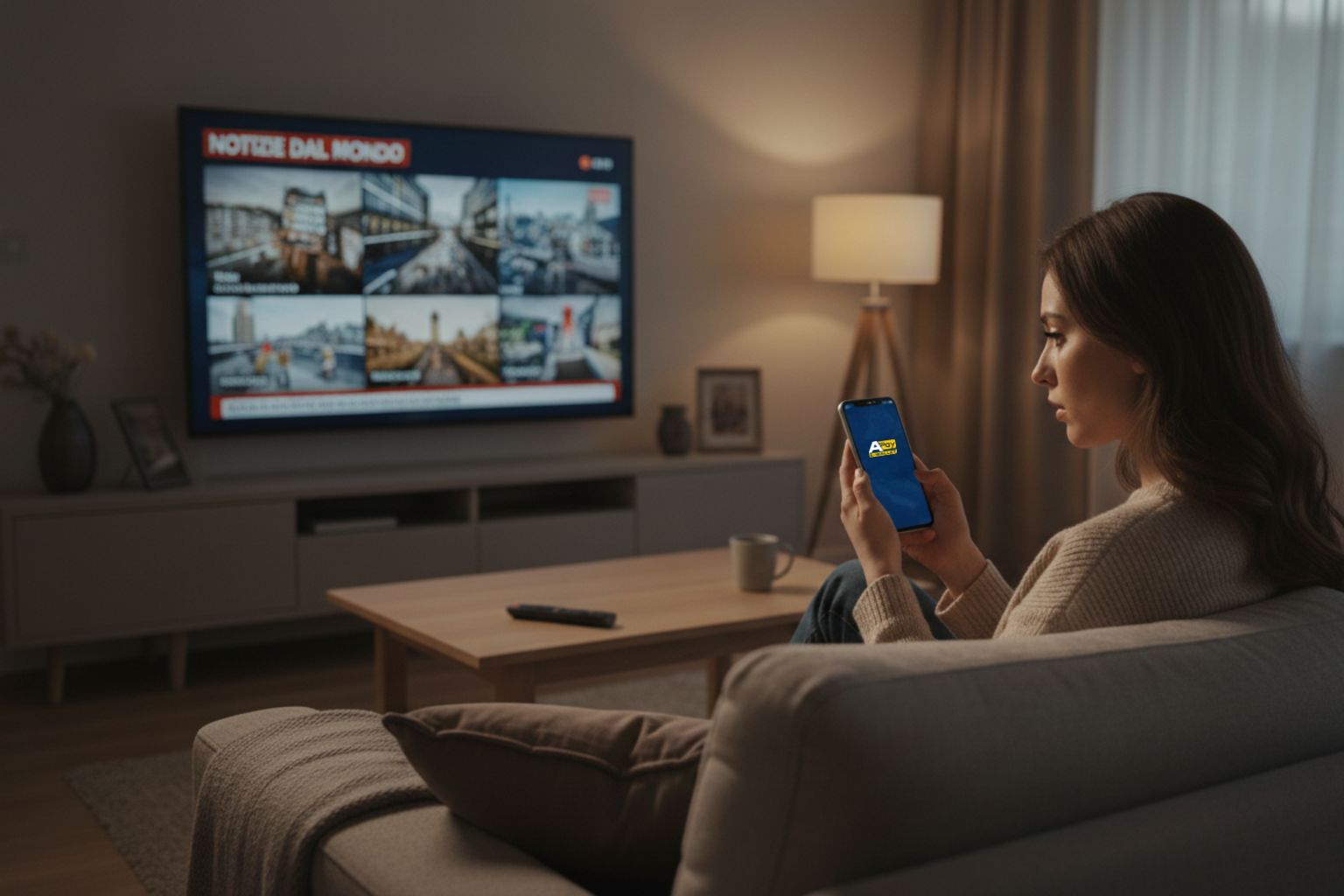 Donna a casa guarda le notizie dal mondo in TV e controlla il wallet digitale sullo smartphone – eventi globali e gestione delle spese