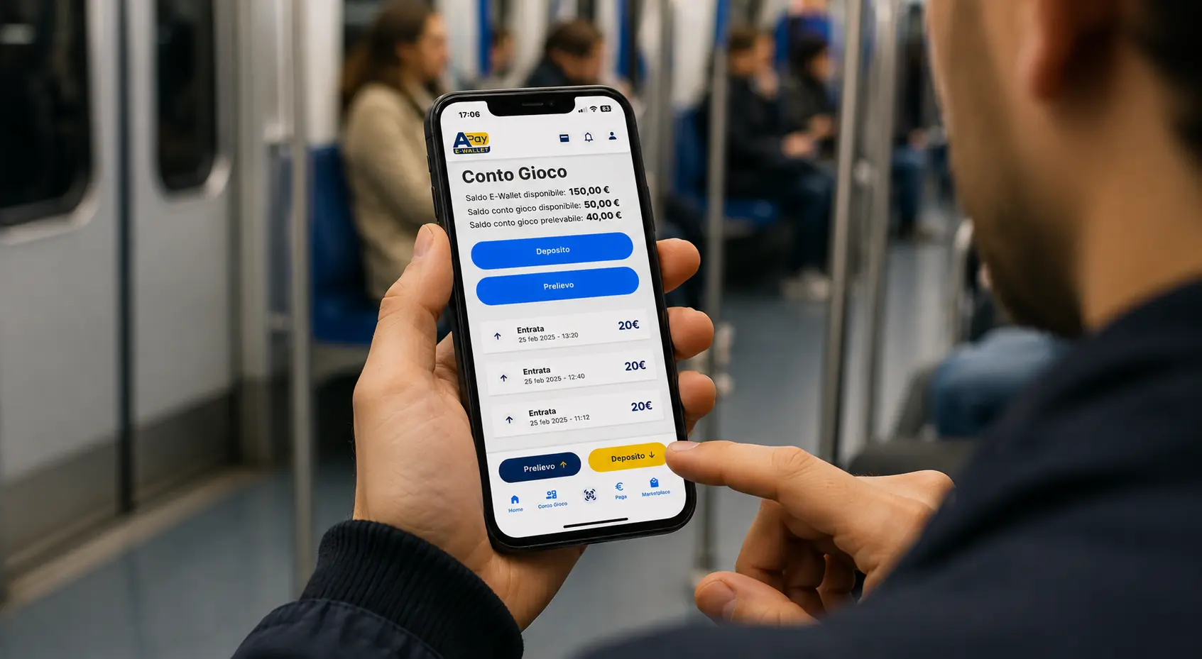 Limite 100€ ricariche conto gioco: utente utilizza APay E-Wallet in metropolitana per effettuare depositi e prelievi digitali in modo tracciabile