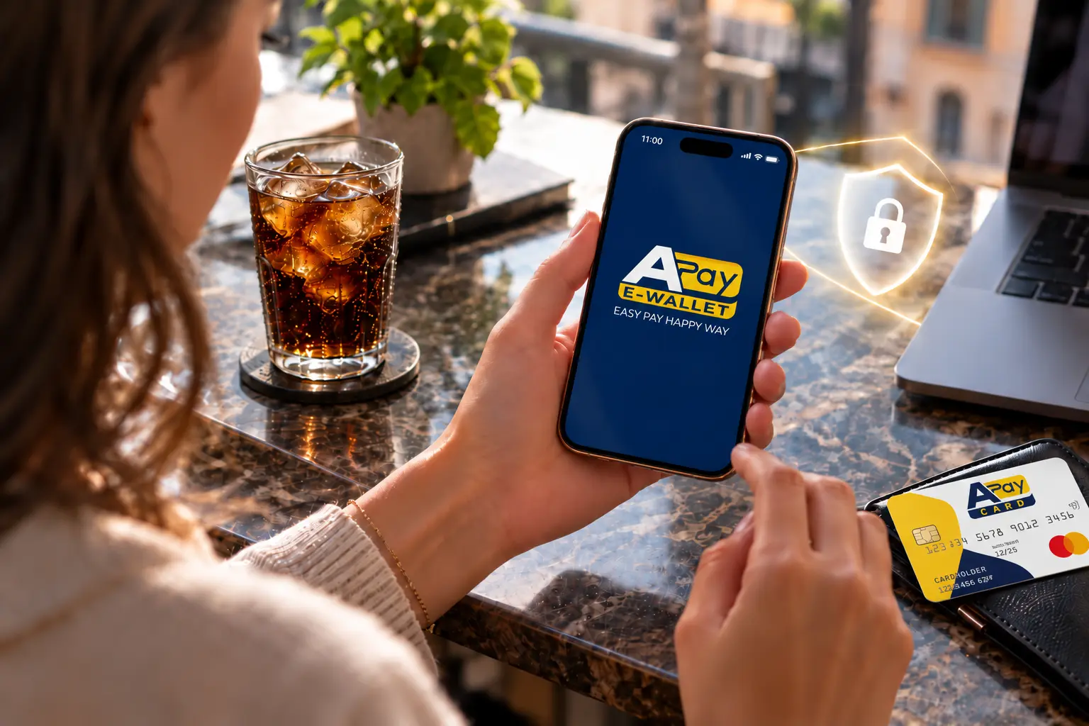 Truffe online: Donna utilizza APay E-Wallet sullo smartphone accanto alla APay Card, con simbolo di protezione digitale per la sicurezza del denaro e dei pagamenti online.